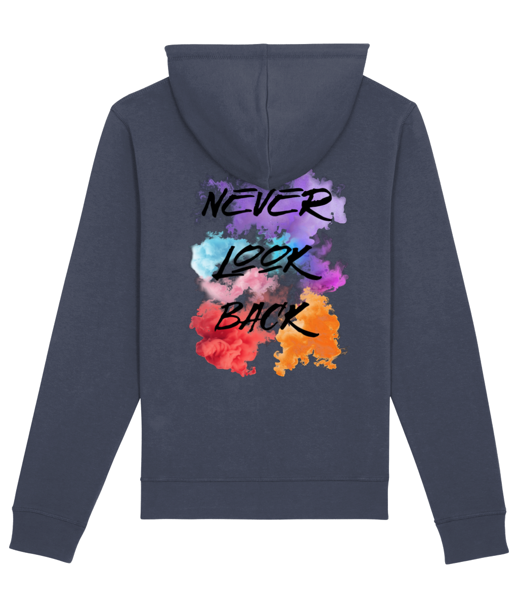 blauwe hoodie met never look back tekst van P&R Design vergelijkbaar met Addidas-stijl