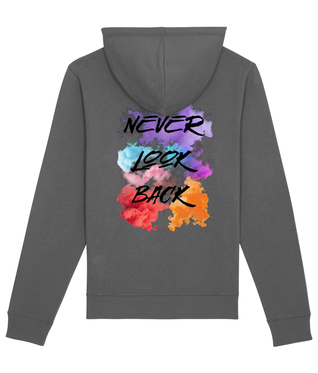 Grijze hoodie met never look back tekst van P&R Design vergelijkbaar met Addidas-stijl