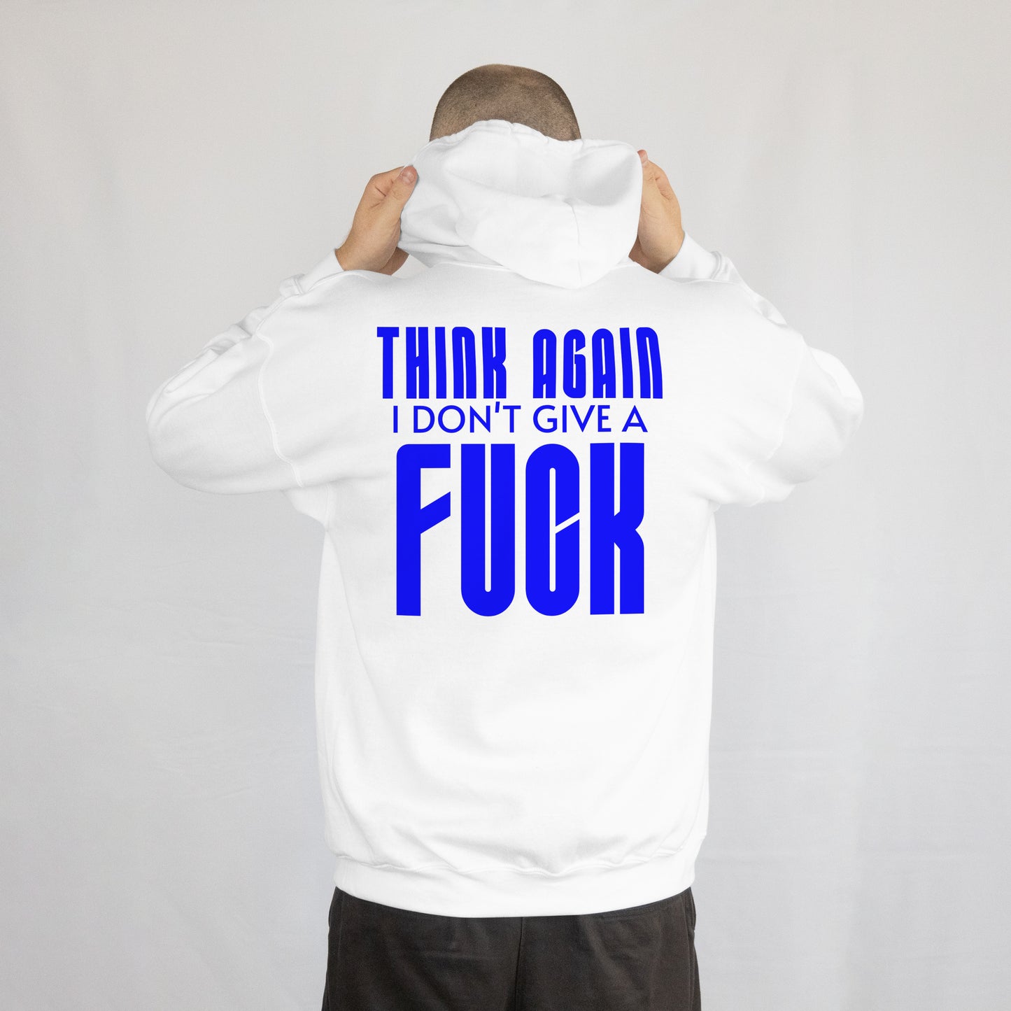 Witte hoodie met blauwe think again i don't give a fuck P&R Design vergelijkbaar met nike-stijl