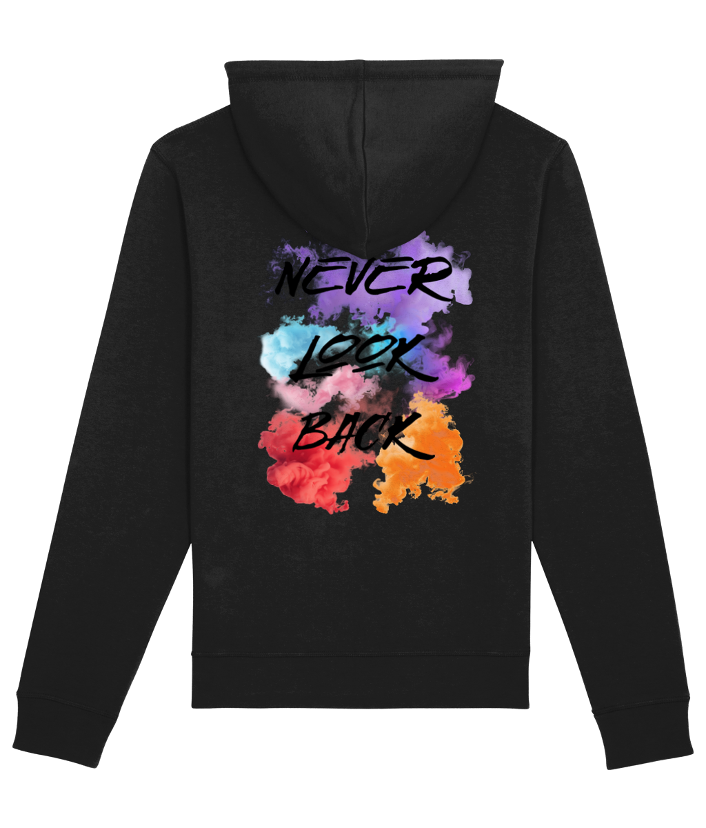Zwarte hoodie met Never Look Back tekst van P&R Design vergelijkbaar met carhartt-stijl
