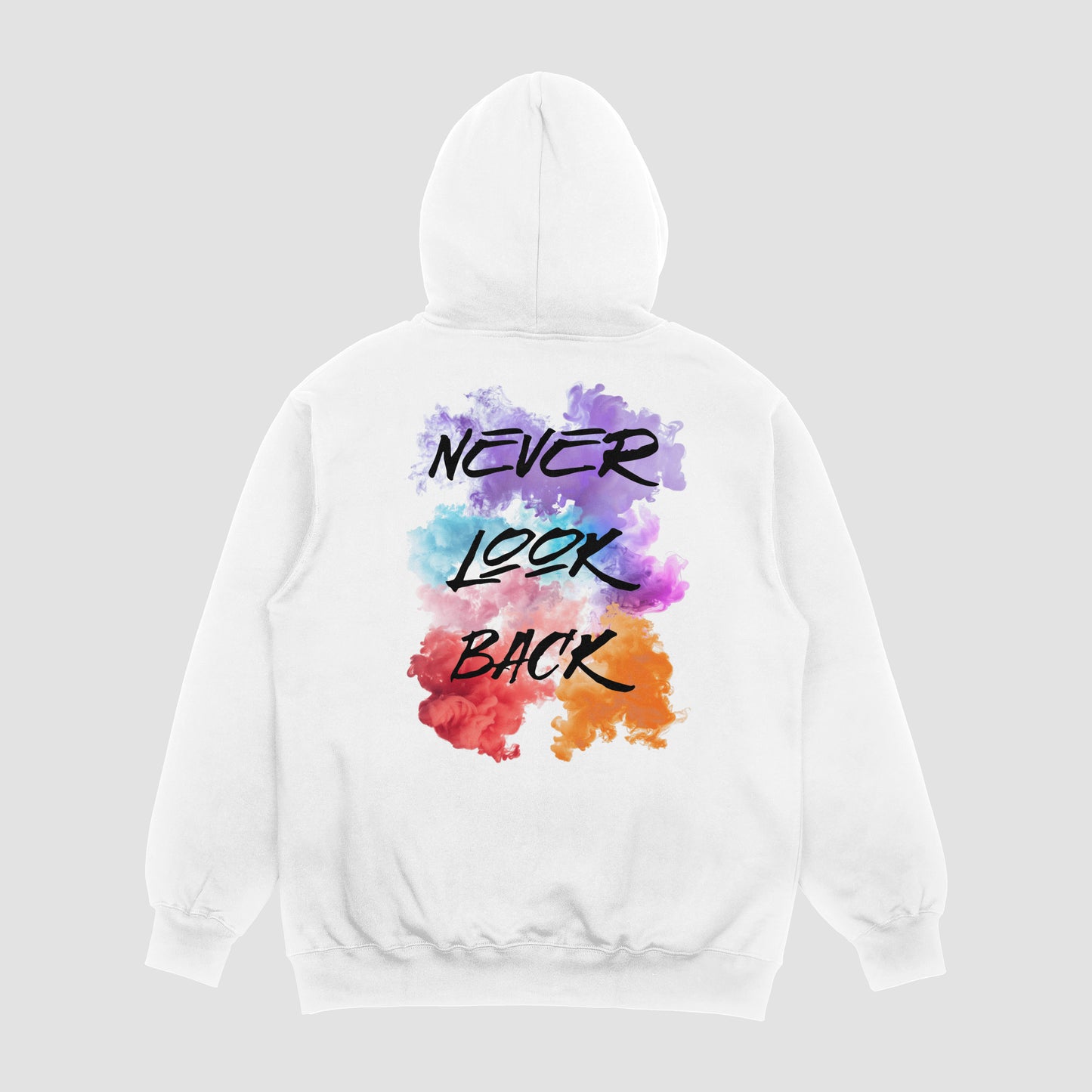 Witte hoodie met Never Look Back tekst van P&R Design vergelijkbaar met Adidas-stijl