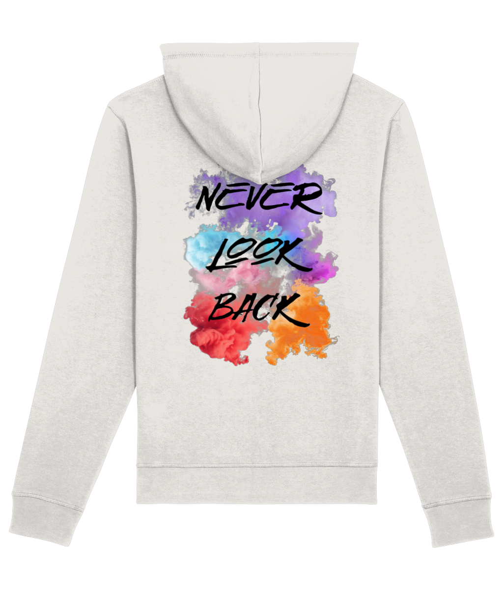 Witte hoodie met never look back tekst van P&R Design vergelijkbaar met Addidas-stijl